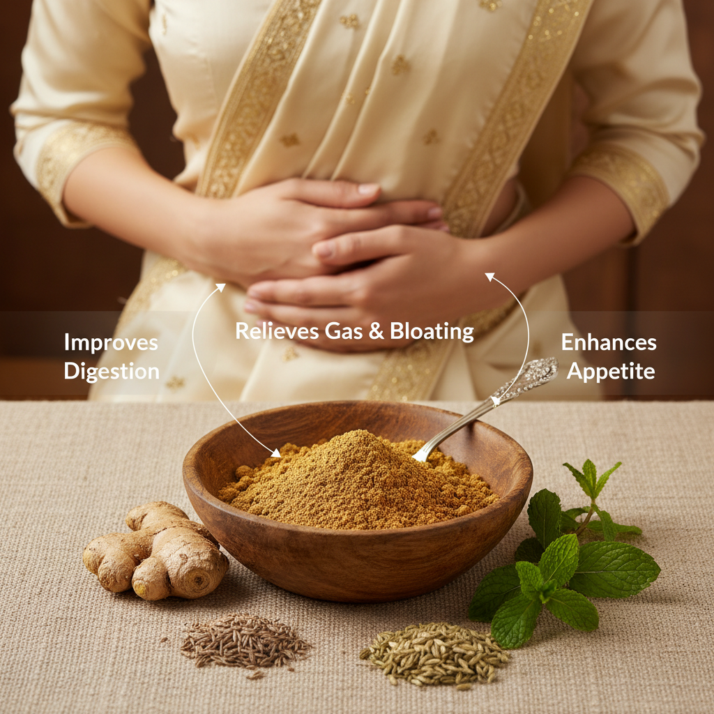generate 800x800px image for ShivaKshar Pachan Churna
Natural Ayurvedic churna for digestion, gas, bloating, and better appetite. Make sure a women image in their with benefits of this product. Do not use any logo