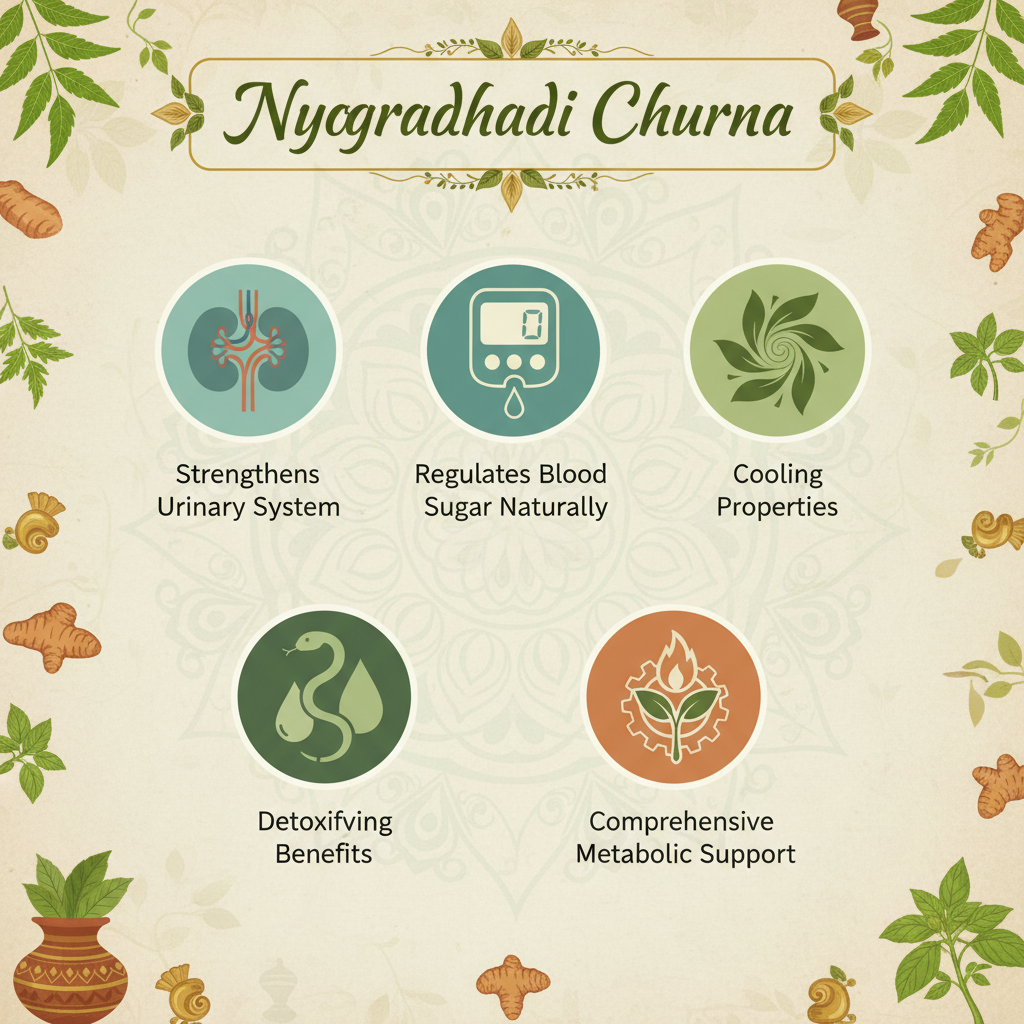 size: 800x800px
Strengthening the urinary system while helping to regulate blood sugar levels naturally. Its cooling and detoxifying properties make it particularly beneficial for those seeking comprehensive metabolic support.
for "Nyogradhadi Churna" benefits with graphics