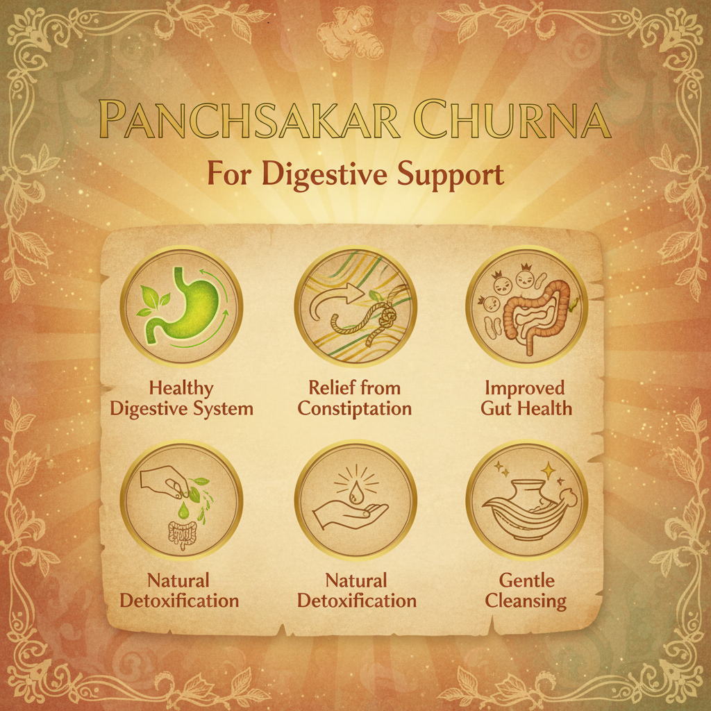 "Panchsakar Churna for digestive support" make image in 800x800px showing benefits